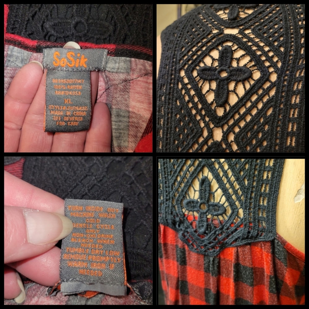 Y2K So Sik red blk Buffalo plaid crochet flowy racer back tank top w pockets XL - Picture 5 of 17